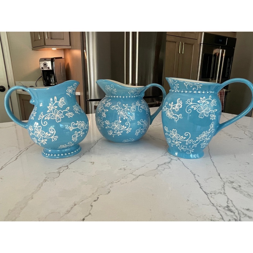 Temp-tations by Tara Floral Lace Blue Ceramic Pitcher Set of 3 18oz